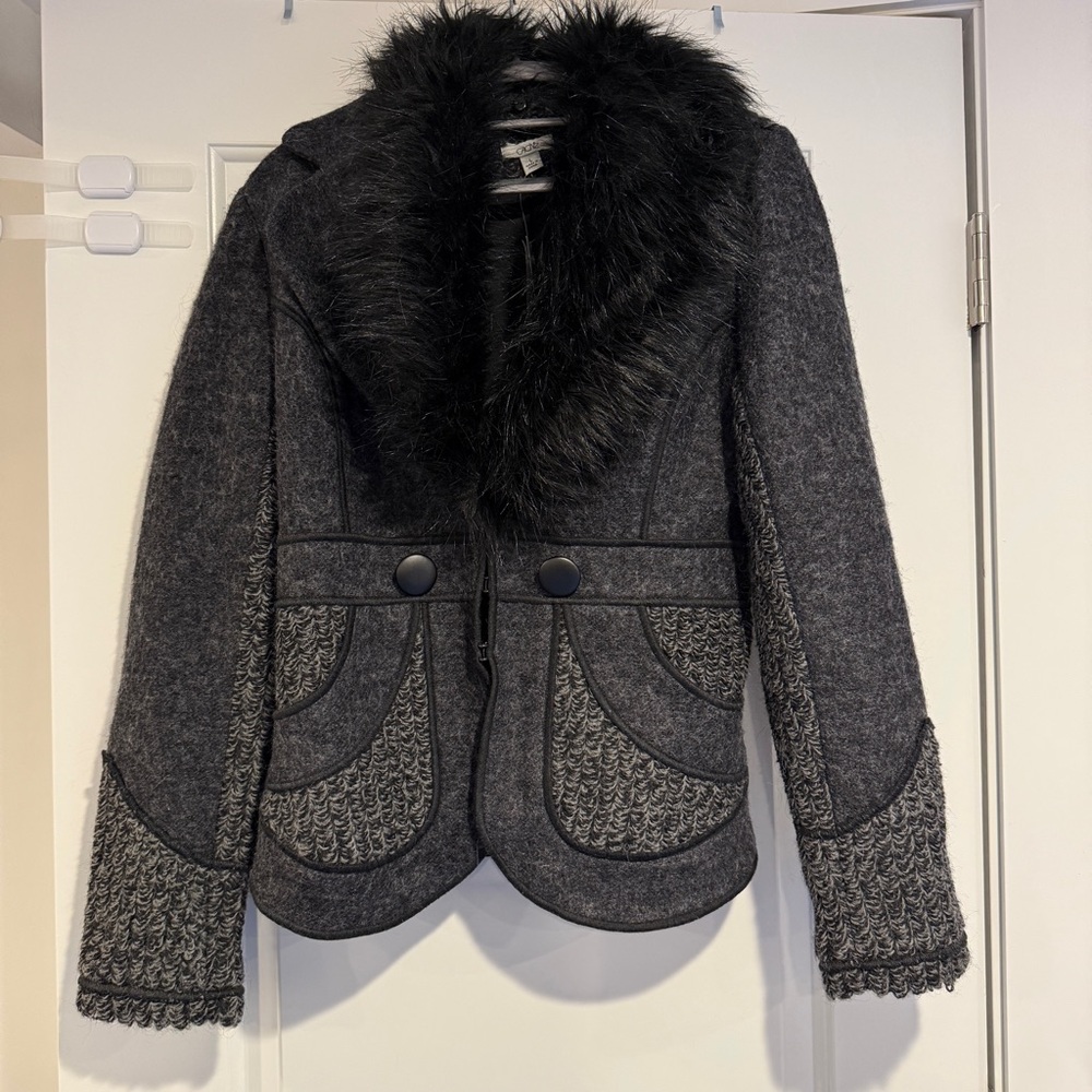 Cache Women’s Faux Fur Collar Wool Blend Vintage Jacket Charcoal Gray Size L Y2K